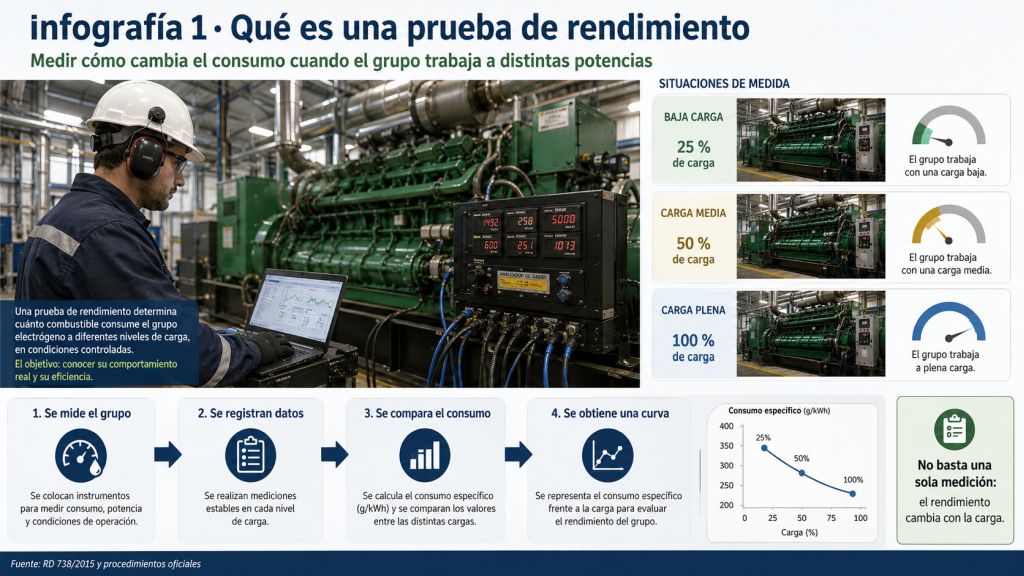 Infografía sobre cómo se realiza una prueba de rendimiento en una central térmica, midiendo el consumo a distintos niveles de carga.