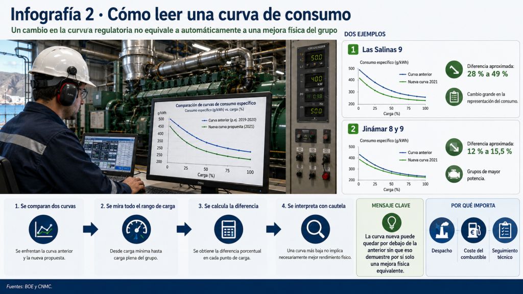 Infografía que compara curvas de consumo de centrales térmicas y explica cómo interpretar cambios en los parámetros de rendimiento.