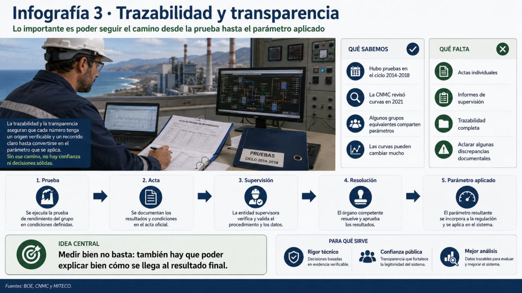 Infografía sobre la trazabilidad de las pruebas de rendimiento, desde la medición y el acta hasta la supervisión y el parámetro aplicado.