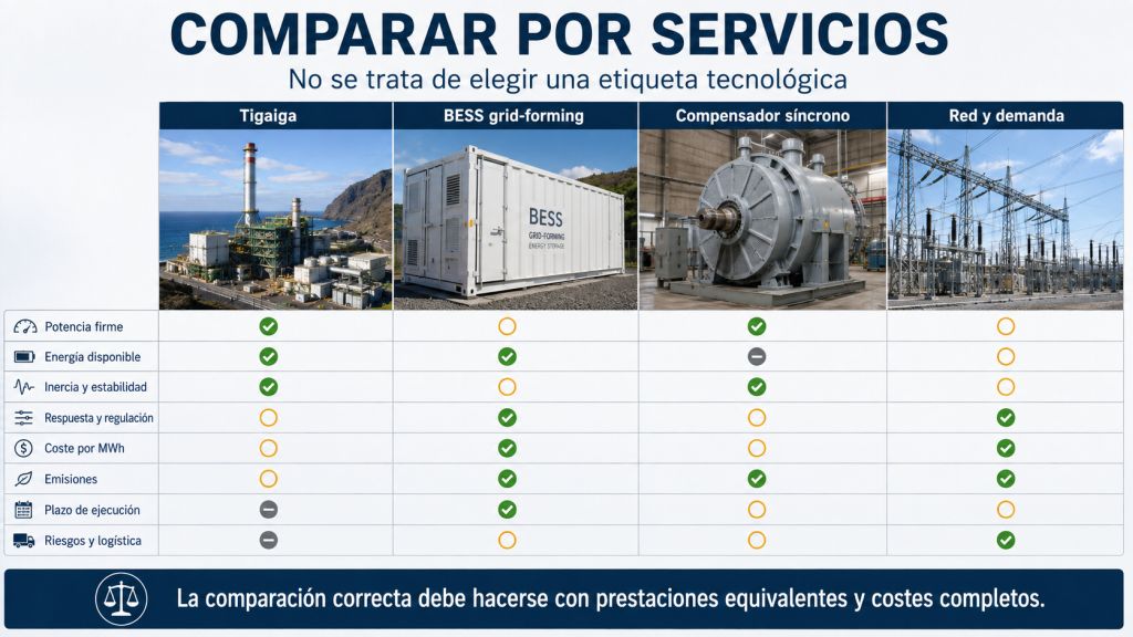 Comparar por servicios: Comparación de Tigaiga con baterías grid-forming, compensadores síncronos, red y gestión de demanda según los servicios que pueden aportar al sistema eléctrico.
