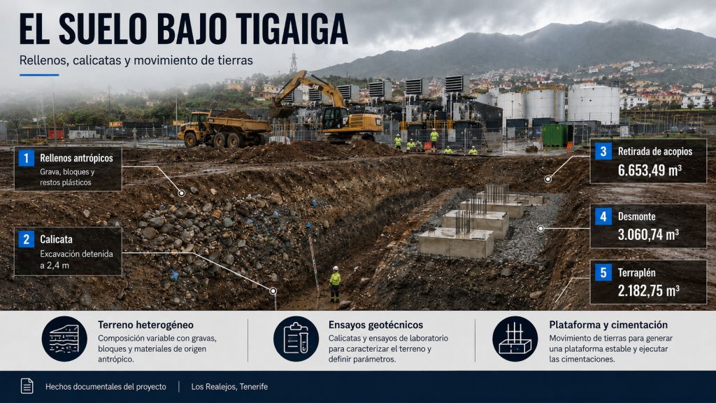 Rellenos antrópicos, calicatas y movimientos de tierra previstos en el terreno de la planta de Tigaiga en Los Realejos.