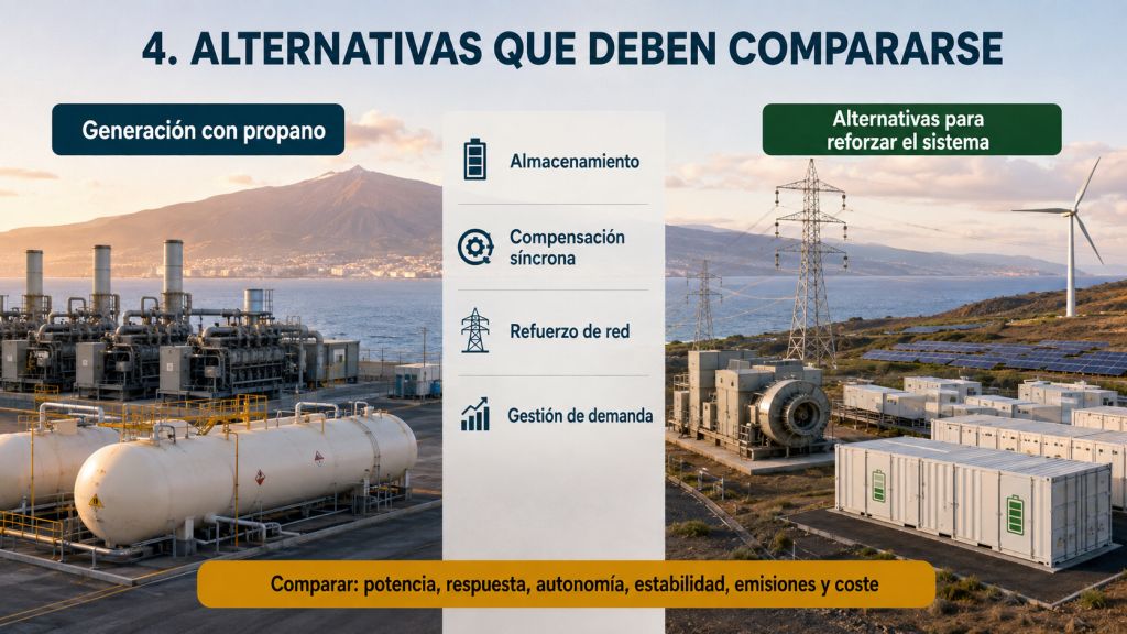 Alternativas energéticas: Infografía fotorrealista que compara la instalación de motores de propano con baterías, energías renovables, compensadores síncronos y refuerzos de la red eléctrica.