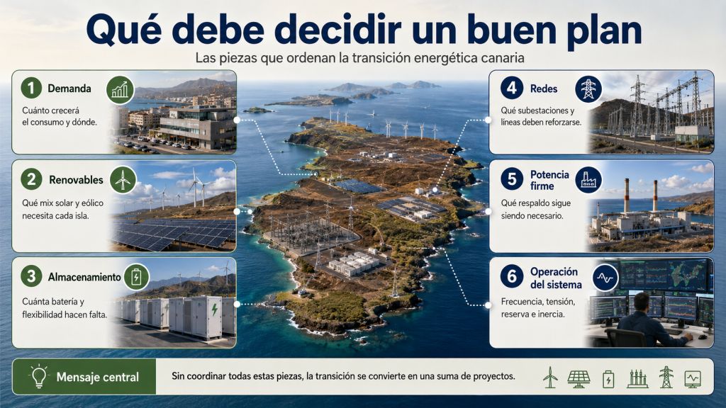 Elementos que debe coordinar la planificación energética de Canarias: demanda, renovables, almacenamiento, redes, potencia firme y operación del sistema.