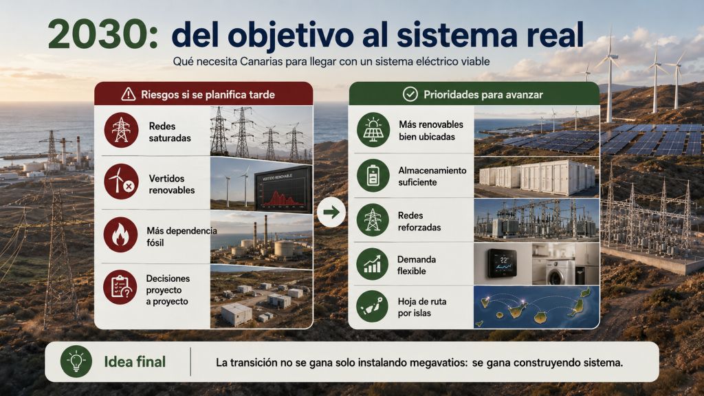 Riesgos de una planificación energética tardía y prioridades para 2030 en Canarias: redes reforzadas, almacenamiento, renovables, flexibilidad y planificación por islas.