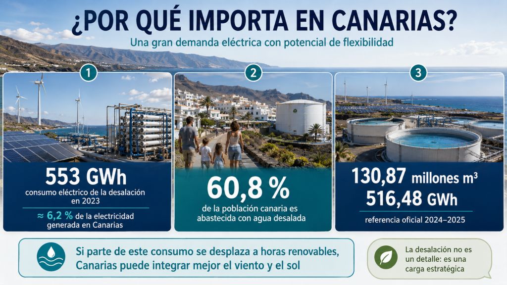 Infografía con datos sobre el consumo eléctrico de la desalación en Canarias y su potencial para integrar mejor la energía eólica y solar.