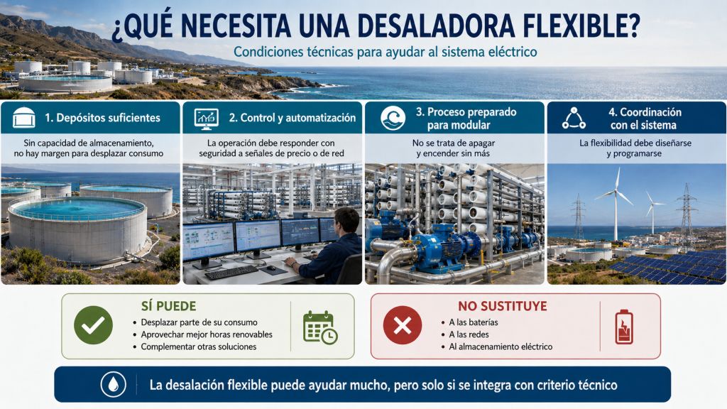 Infografía sobre los requisitos técnicos de una desaladora flexible: depósitos, automatización, modulación del proceso y coordinación con el sistema eléctrico.