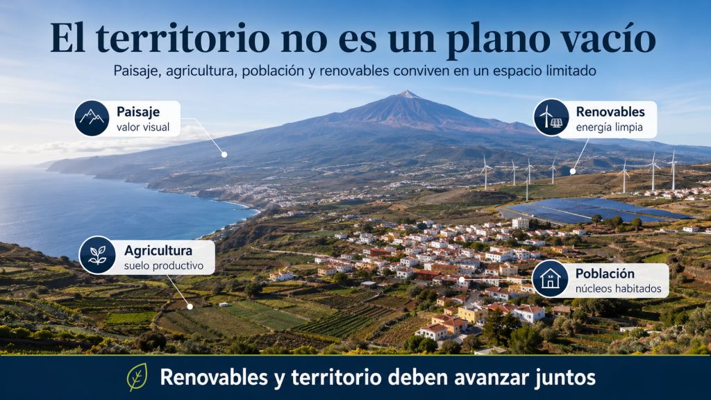 Infografía fotorrealista de Tenerife que muestra la convivencia entre paisaje, agricultura, población y energías renovables en un territorio limitado.