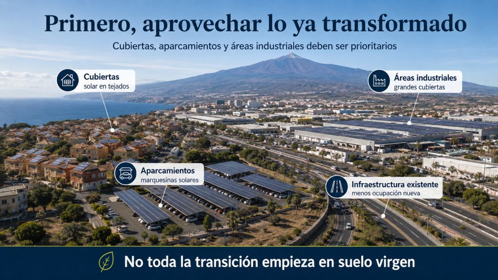 Infografía sobre el uso prioritario de cubiertas, aparcamientos, áreas industriales e infraestructuras existentes para instalar energía solar.