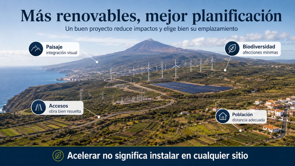 Infografía fotorrealista sobre planificación renovable en Tenerife, con atención al paisaje, la biodiversidad, los accesos y la distancia a la población.