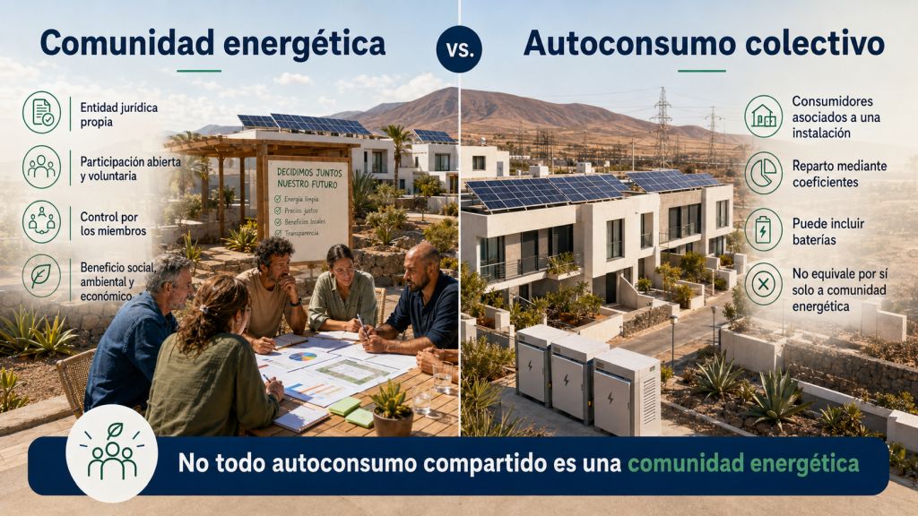Comparación entre una comunidad energética con gobernanza ciudadana y un autoconsumo colectivo con paneles solares y baterías.