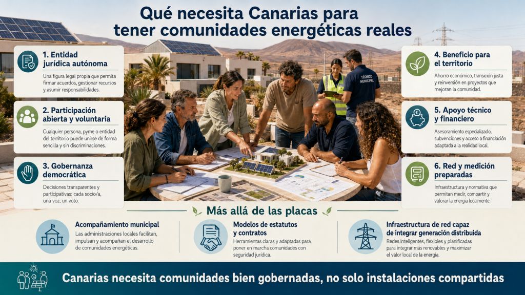 Vecinos y técnicos municipales planifican una comunidad energética en Canarias con participación abierta, gobernanza y apoyo de la red eléctrica.
