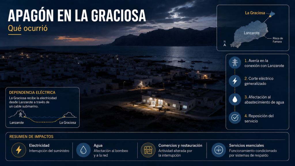 Infografía sobre el apagón de La Graciosa, la avería en la conexión con Lanzarote y sus efectos sobre electricidad, agua y servicios esenciales.
