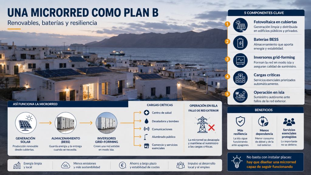 Infografía sobre una microrred en La Graciosa con fotovoltaica, baterías BESS, inversores grid-forming y cargas críticas en modo isla.