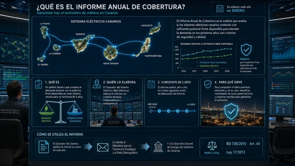 Infografía sobre el informe anual de cobertura eléctrica en Canarias, su obligación legal, el horizonte de cinco años y la función del operador del sistema.