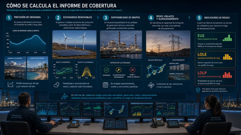 Cálculo del informe de cobertura mediante previsiones de demanda, escenarios renovables, disponibilidad de grupos, redes, almacenamiento e indicadores de riesgo.