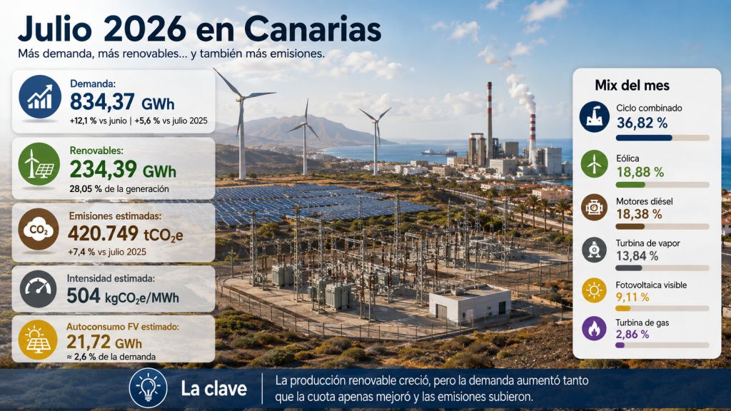 Datos energéticos de Canarias en julio de 2026: demanda de 834,37 GWh, generación renovable de 234,39 GWh y aumento de emisiones.