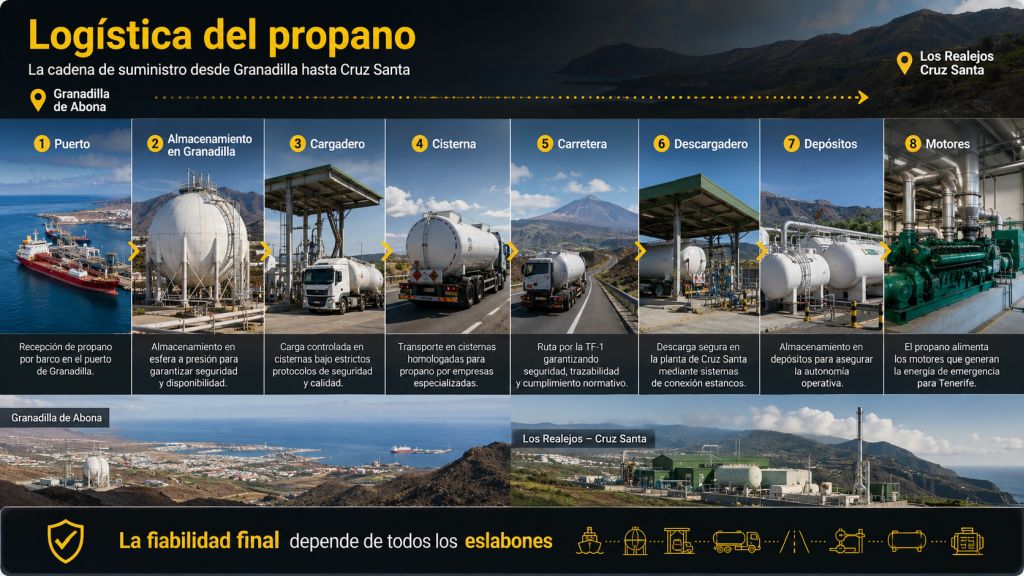 Cadena logística del propano desde el puerto y almacenamiento de Granadilla hasta las cisternas, depósitos y motores de la planta de Cruz Santa.
