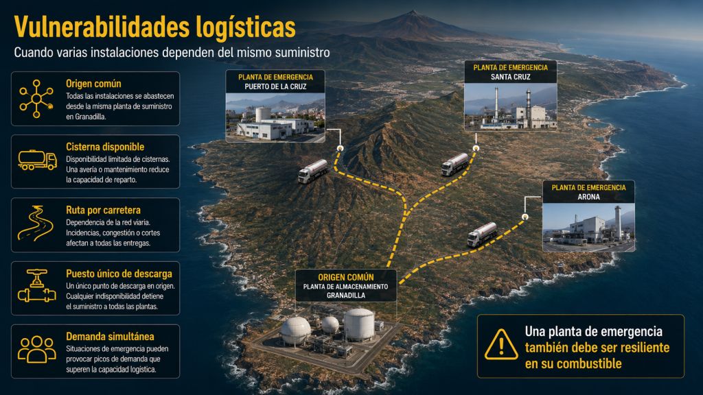 Vulnerabilidades del suministro de propano a plantas de emergencia por dependencia de Granadilla, cisternas, carreteras y puntos comunes de abastecimiento.