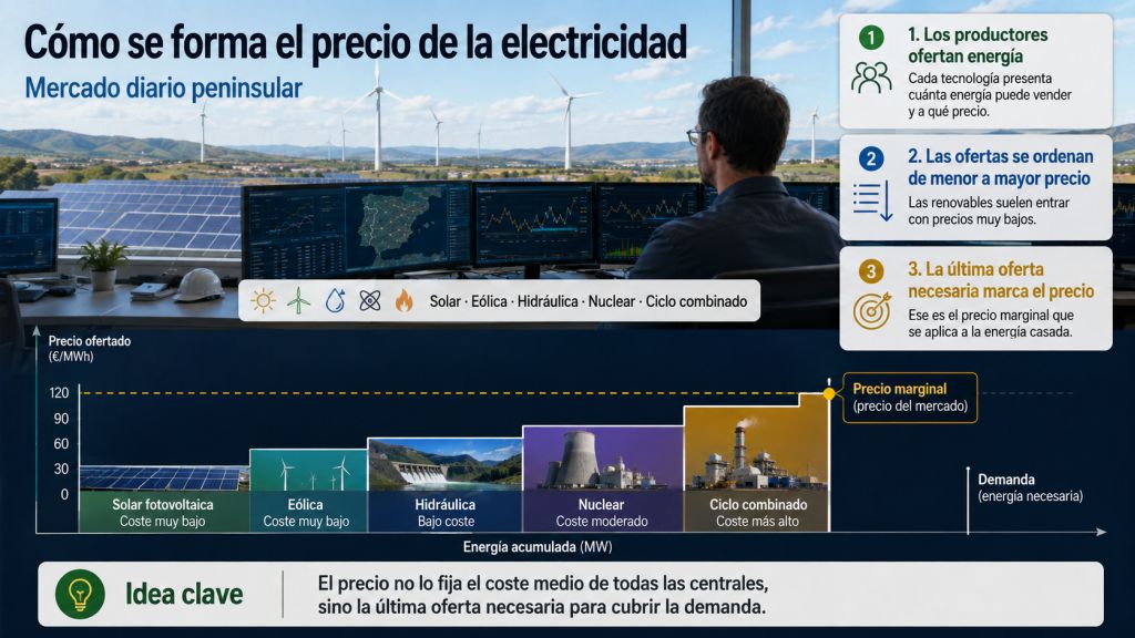 Infografía sobre cómo se forma el precio de la electricidad en el mercado diario peninsular mediante la casación de ofertas y el precio marginal.