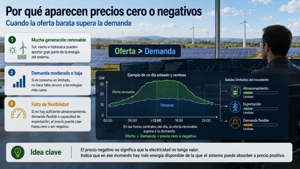 Infografía que explica por qué aparecen precios cero o negativos cuando la generación barata supera la demanda y falta flexibilidad.