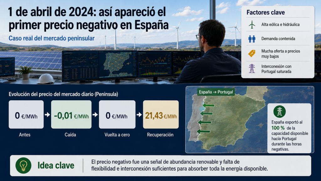 Infografía del 1 de abril de 2024, primer episodio de precios negativos en España, con alta generación renovable y la interconexión con Portugal saturada.