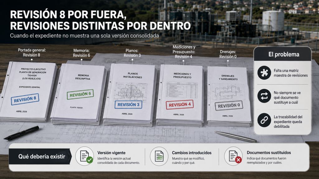 Revisiones documentales: Distintas revisiones de la memoria, planos, presupuesto y drenajes del proyecto de Tigaiga sin una matriz única de trazabilidad.