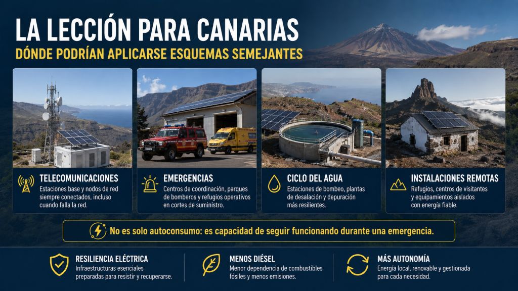 Esquema de la microred del Teide con generación fotovoltaica, inversores formadores de red, baterías, red de baja tensión, grupo de respaldo y consumos esenciales.