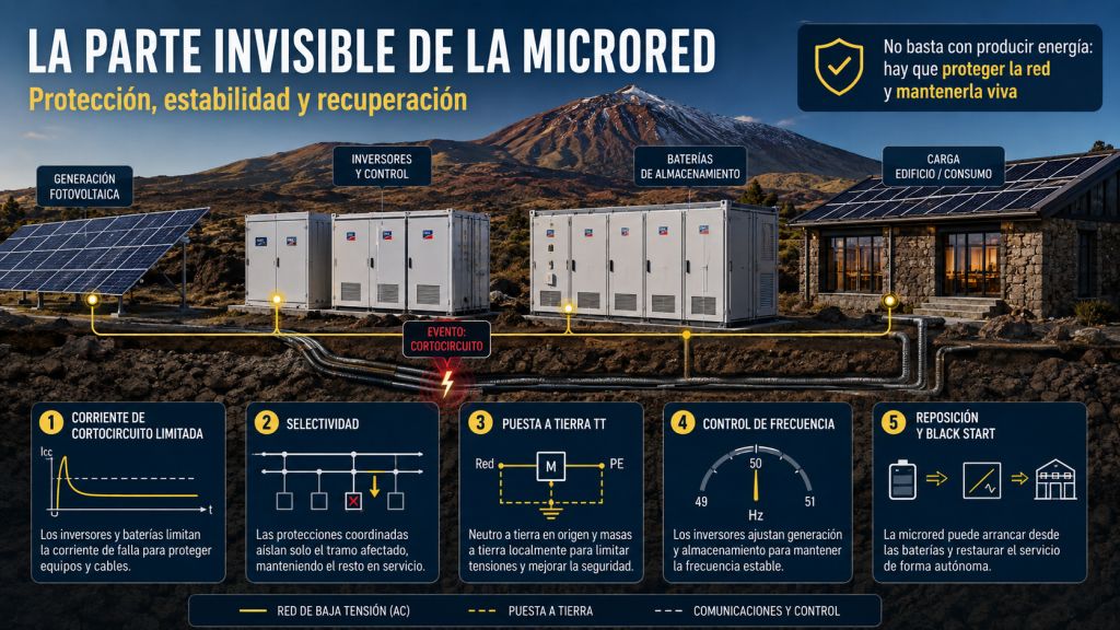 Infografía sobre protección, estabilidad y recuperación en una microred, con cortocircuitos, selectividad, puesta a tierra, control de frecuencia y black start.