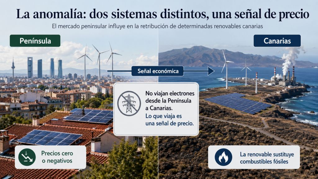 Dos sistemas distintos, una señal de precio: Infografía que muestra cómo una señal económica del mercado peninsular puede influir en la retribución de determinadas renovables en Canarias, pese a ser sistemas eléctricos separados.