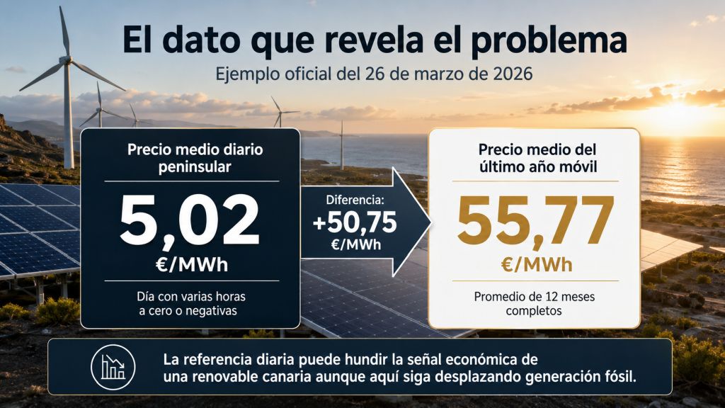 El dato que revela el problema: Comparación del ejemplo oficial del 26 de marzo de 2026 entre un precio medio diario peninsular de 5,02 €/MWh y un promedio anual móvil de 55,77 €/MWh.