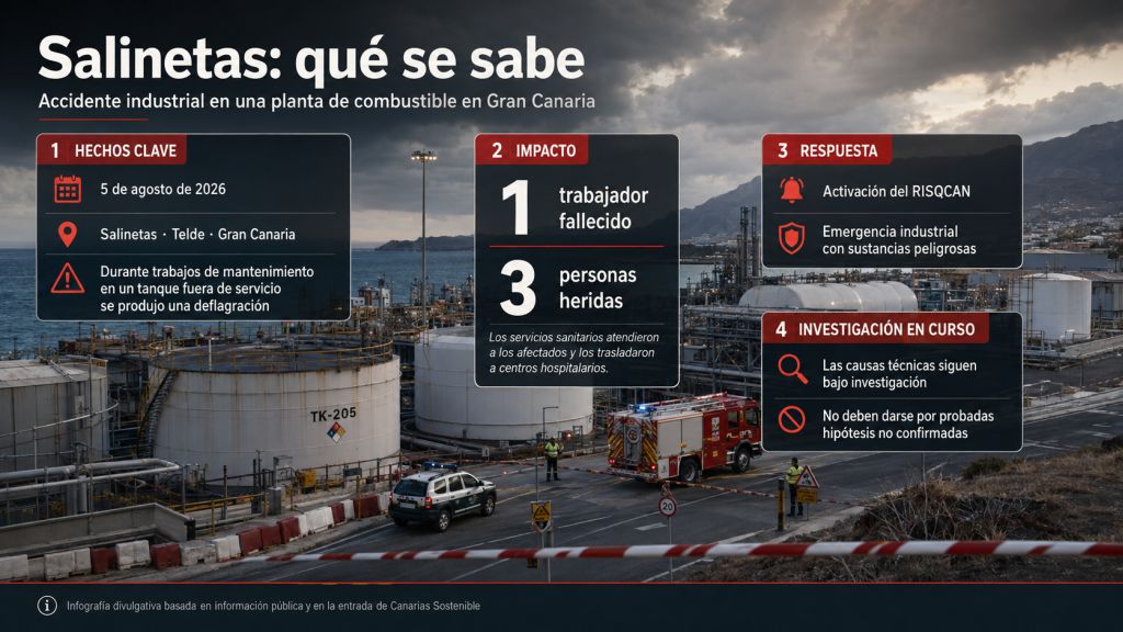Salinetas: qué se sabe: Infografía sobre el accidente industrial de Salinetas, con un trabajador fallecido, tres heridos y activación del RISQCAN.
