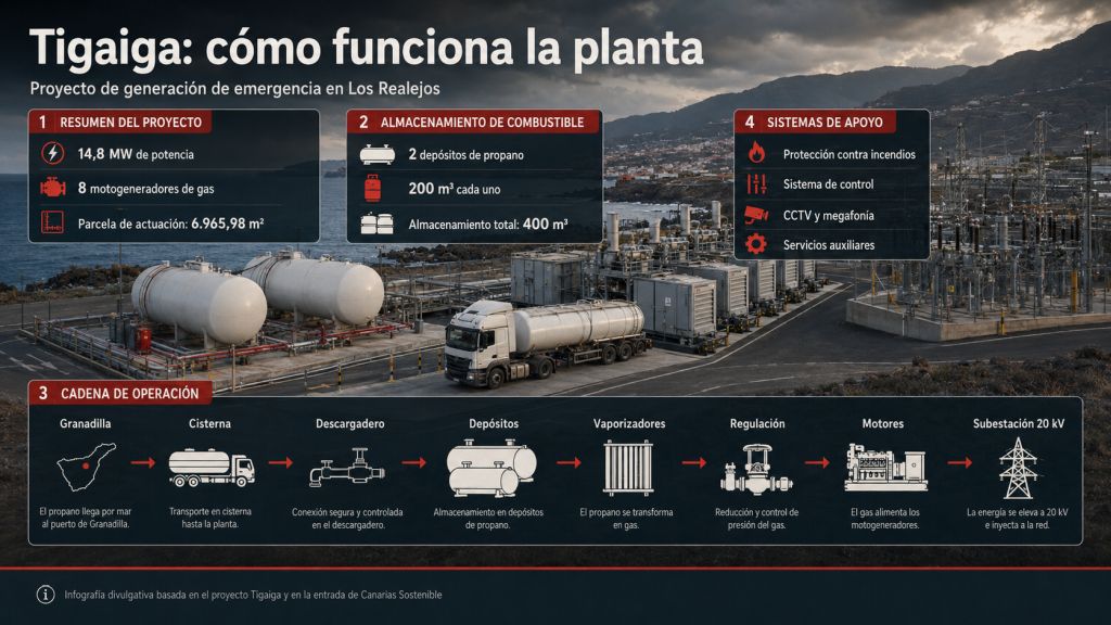 Tigaiga: cómo funciona la planta: Infografía del funcionamiento de la planta Tigaiga en Los Realejos, con depósitos de propano, cisternas, motogeneradores y conexión a la red.