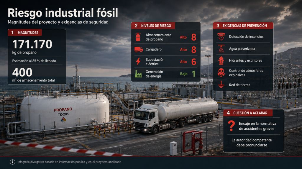 Riesgo industrial fósil: Infografía sobre el riesgo industrial fósil de la planta Tigaiga, con 171.170 kilos de propano, niveles de riesgo y medidas de prevención.