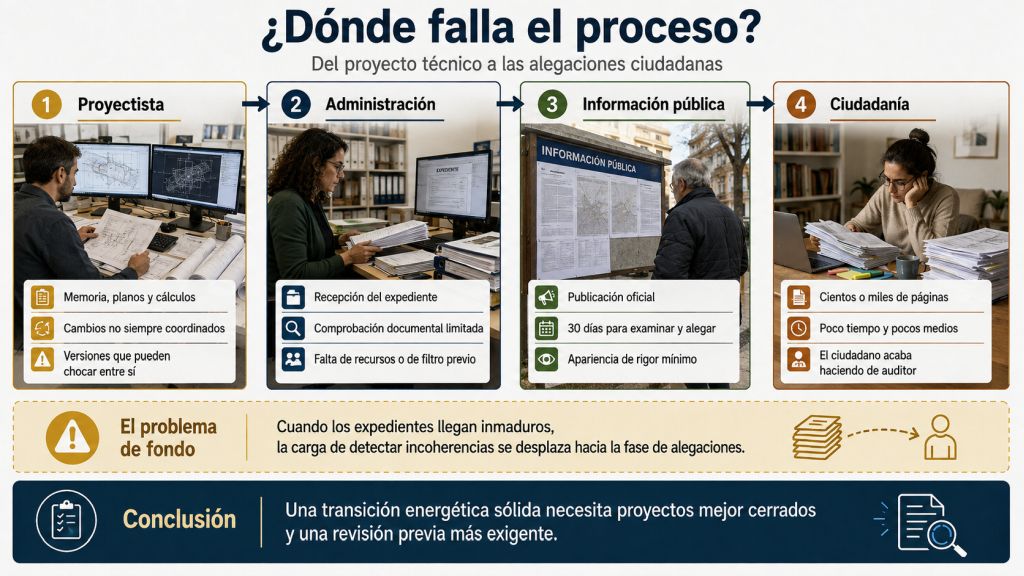 ¿Dónde falla el proceso?: Esquema del proceso desde el proyectista hasta la ciudadanía, mostrando cómo las carencias documentales pueden trasladarse a la fase de información pública.