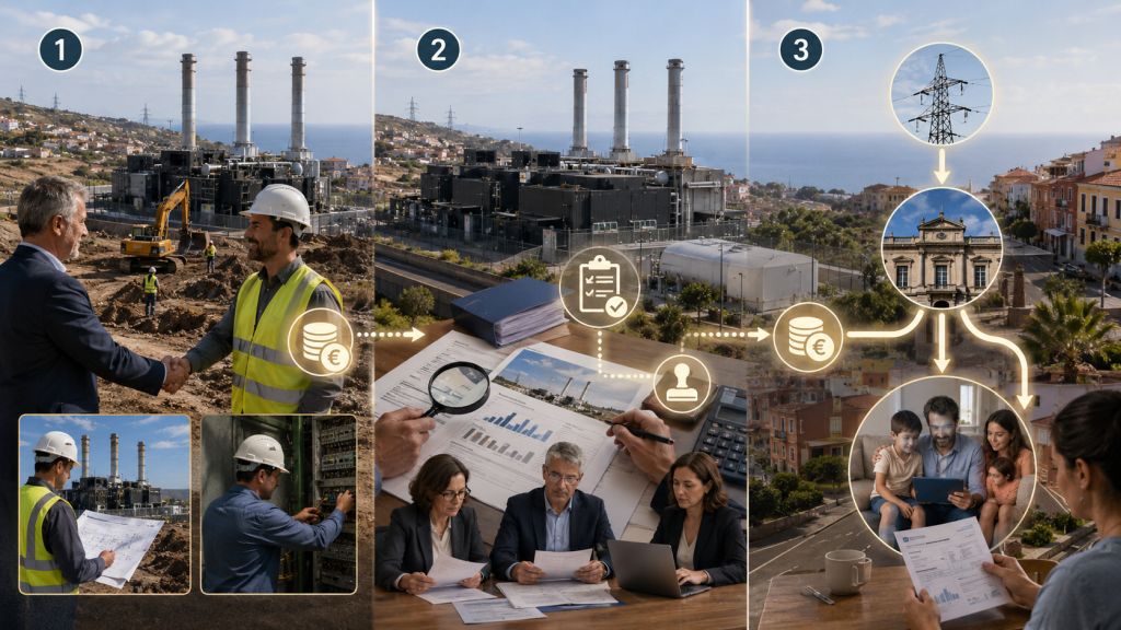 Flujo económico de la planta de Tigaiga desde la inversión privada de DISA hasta el reconocimiento de costes y su financiación pública y eléctrica.