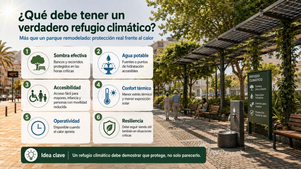 Elementos esenciales de un verdadero refugio climático: sombra efectiva, agua potable, accesibilidad, confort térmico, operatividad y resiliencia.