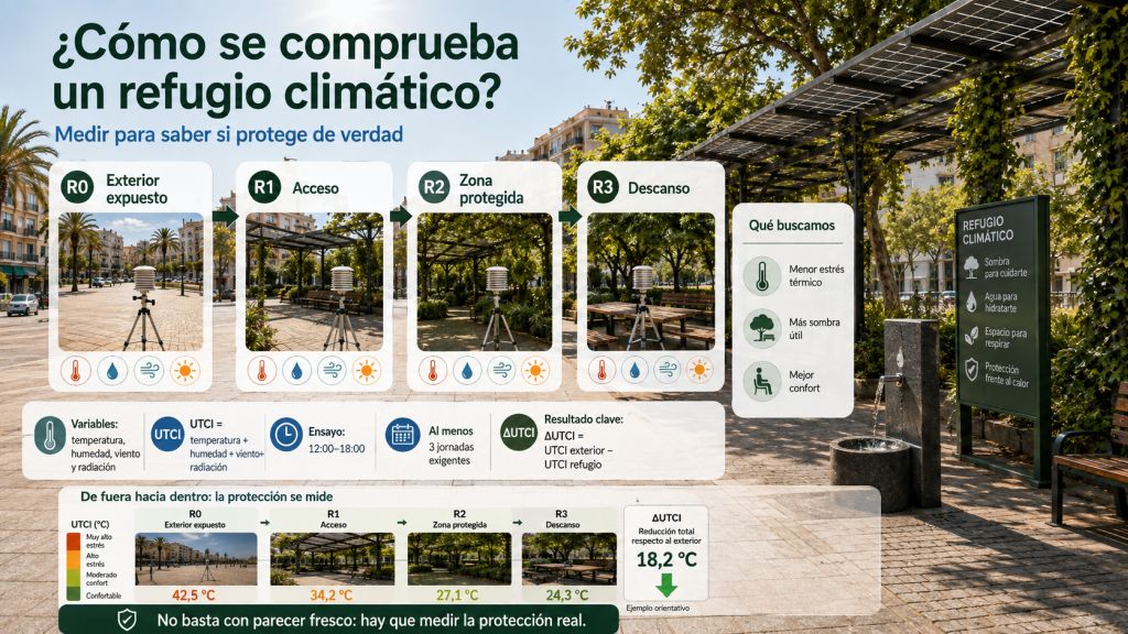 Método de medición de un refugio climático mediante puntos exteriores e interiores para comparar UTCI, sombra y reducción del estrés térmico.
