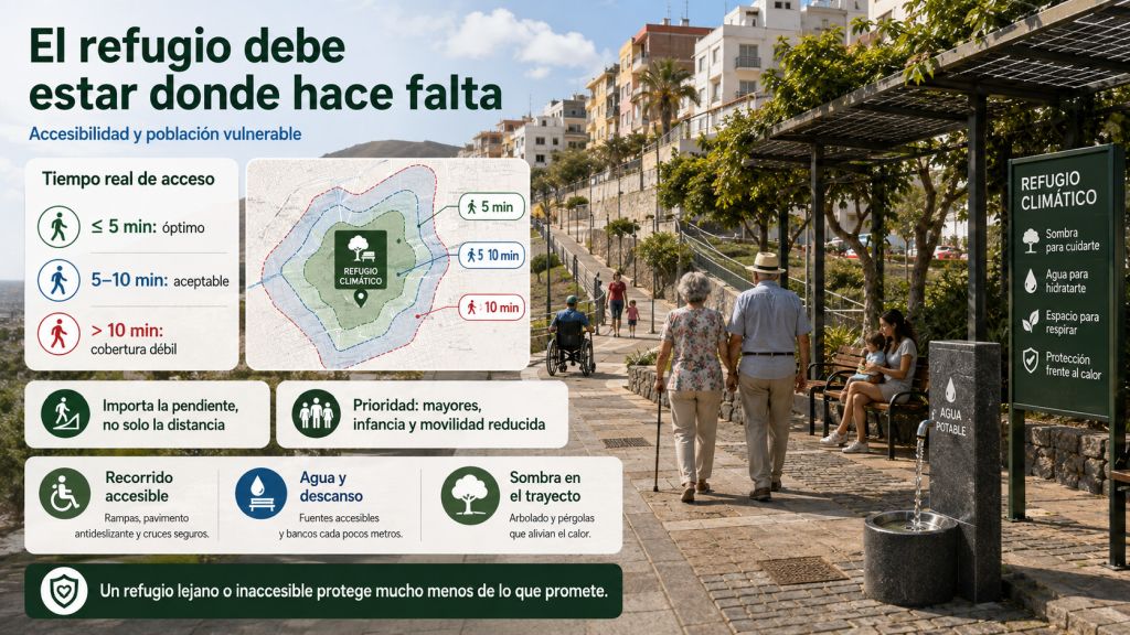Accesibilidad a un refugio climático en Canarias según tiempo real de desplazamiento, pendientes y proximidad a población vulnerable.