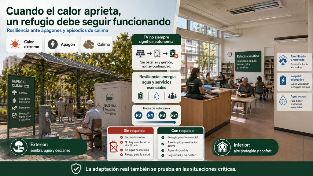 Resiliencia de los refugios climáticos ante calor extremo, apagones y calima mediante energía de respaldo, agua y espacios interiores protegidos.