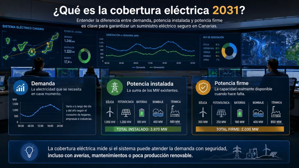 Infografía sobre cobertura eléctrica en Canarias que diferencia demanda, potencia instalada y potencia firme necesaria para garantizar el suministro.