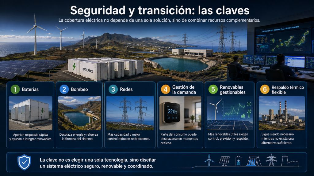 Infografía sobre las soluciones para garantizar la seguridad eléctrica en Canarias mediante baterías, bombeo, redes, gestión de demanda, renovables y respaldo flexible.