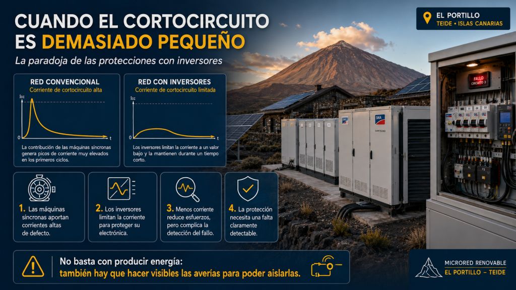 Cuando el cortocircuito es demasiado pequeño: Comparación entre una red convencional y una microred con inversores, mostrando la diferencia en la corriente de cortocircuito.