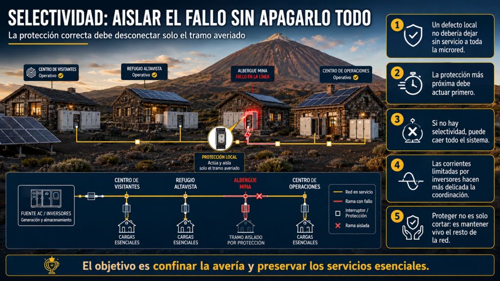 Selectividad: Esquema de selectividad eléctrica en una microred, donde la protección más próxima a la avería aísla solo el tramo afectado.