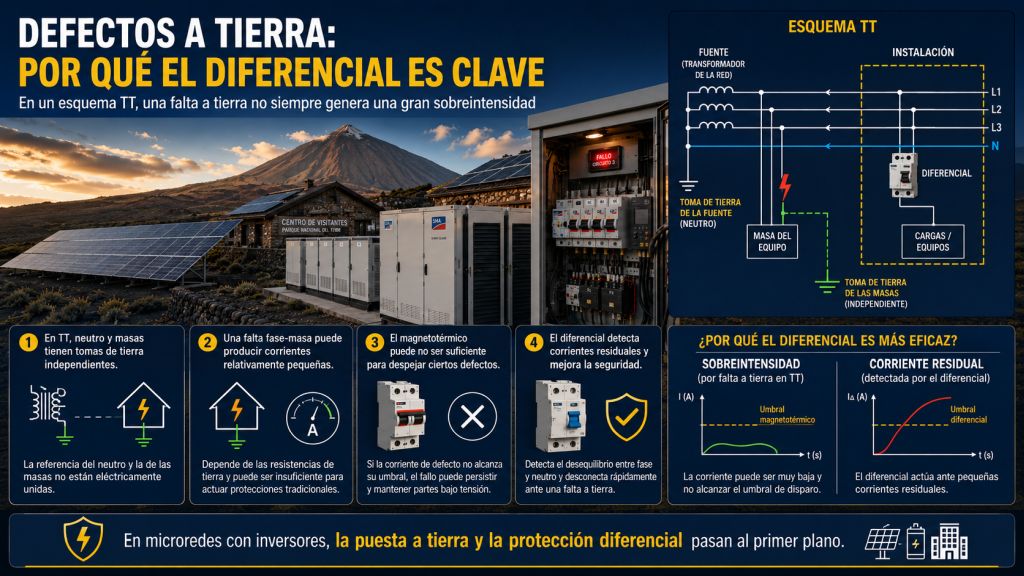 Defectos a tierra: Esquema TT de una microred con protección diferencial, mostrando la detección de una falta a tierra con corriente limitada.
