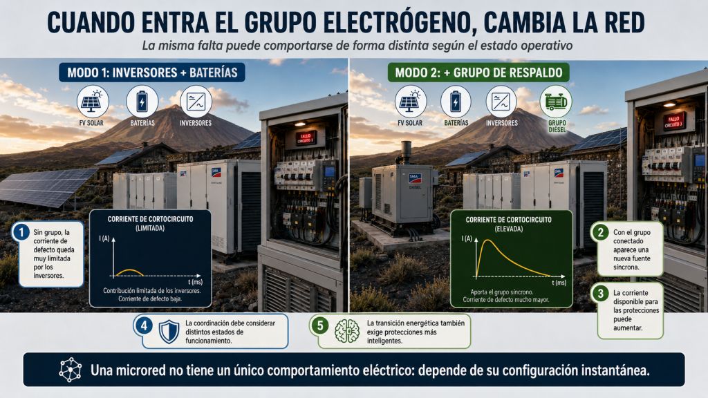 Cuando entra el grupo electrógeno: Comparación de la corriente de cortocircuito en una microred con convertidores solos y con un grupo electrógeno síncrono conectado.