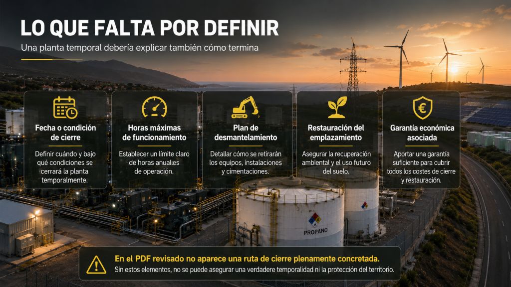 Lo que falta por definir: Cuestiones pendientes sobre el cierre de Tigaiga, como horas máximas de funcionamiento, desmantelamiento, restauración y garantía económica.