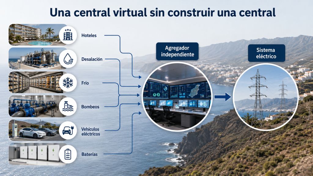 Esquema de un agregador independiente que coordina hoteles, desalación, frío, bombeos, vehículos eléctricos y baterías para prestar servicios al sistema eléctrico.