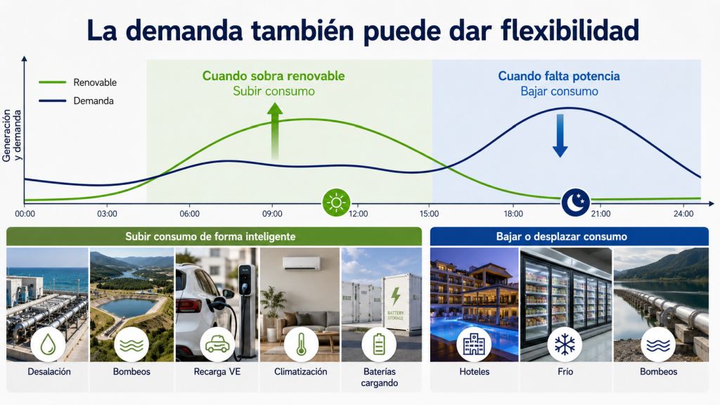 Gráfico de flexibilidad de la demanda que muestra cómo aumentar el consumo cuando sobra energía renovable y reducirlo cuando falta potencia en el sistema.