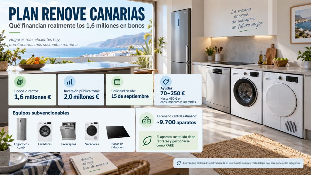 Infografía del Plan Renove Canarias con presupuesto, cuantía de los bonos, fecha de solicitud y electrodomésticos subvencionables.