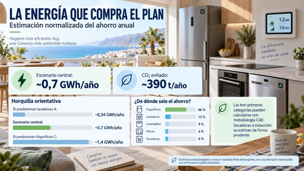 Infografía sobre el ahorro energético estimado del Plan Renove Canarias, con escenario central de 0,7 GWh anuales y emisiones evitadas.